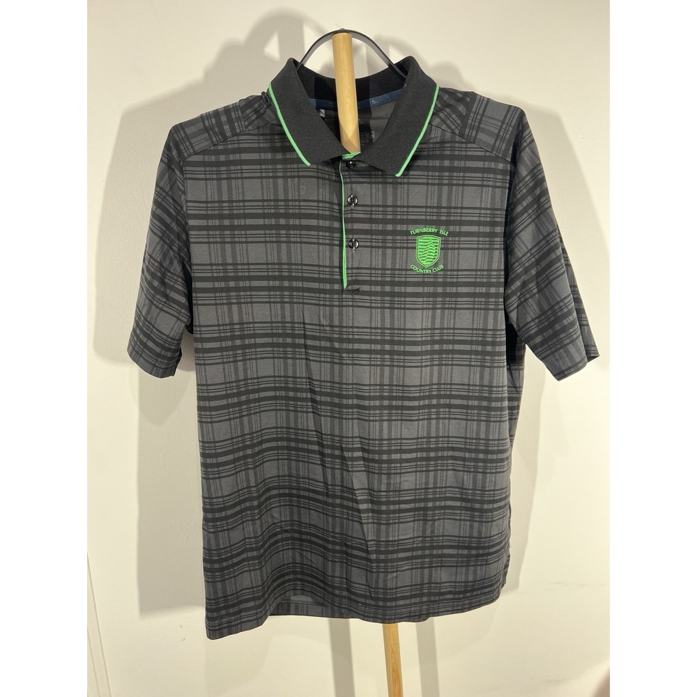 adidas Turnberry Isle Country Club Golf Polo Gray Plaid Green Trim Mens
